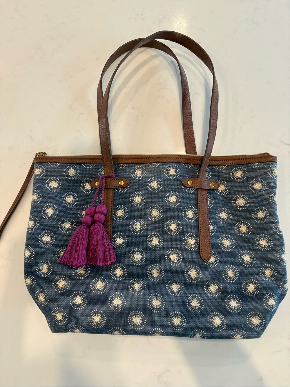 Fossil Blue Sunburst Pattern Tote with Brown Straps - Picture 2 of 4